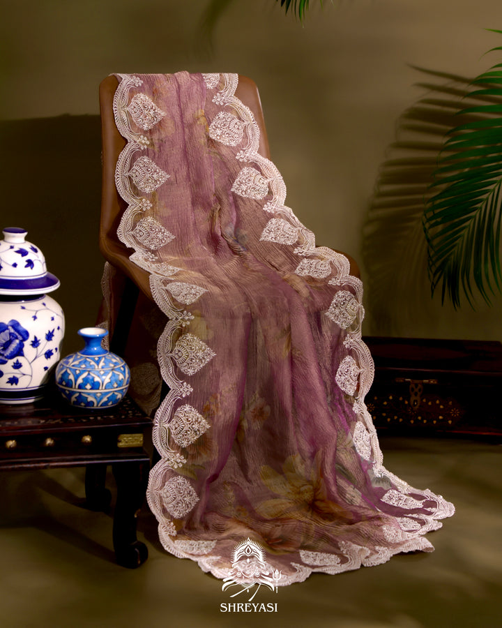 Handloom Pure Crushed Ektara Tissue Silk Saree with Floral Print and Scallop Embroidery