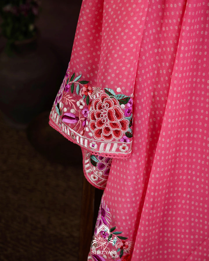 Pure Georgette Saree with Parsi Gara Style Embroidered Borders and Bandhej Body