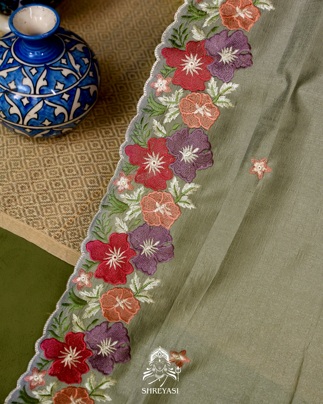 Tussar Silk Saree with Resham Floral Embroidery Border