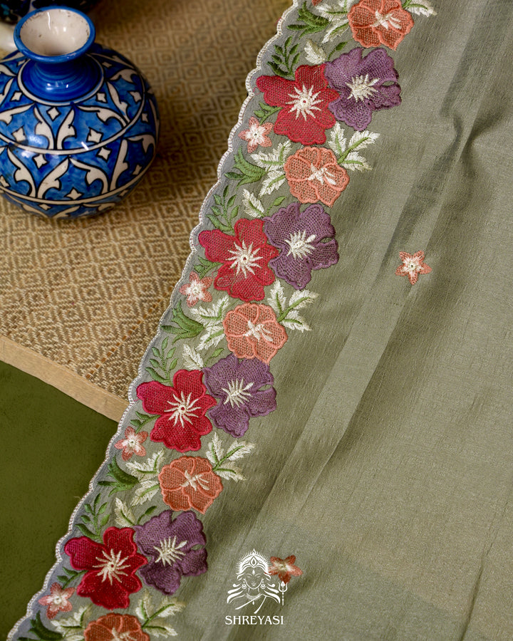 Tussar Silk Saree with Resham Floral Embroidery Border