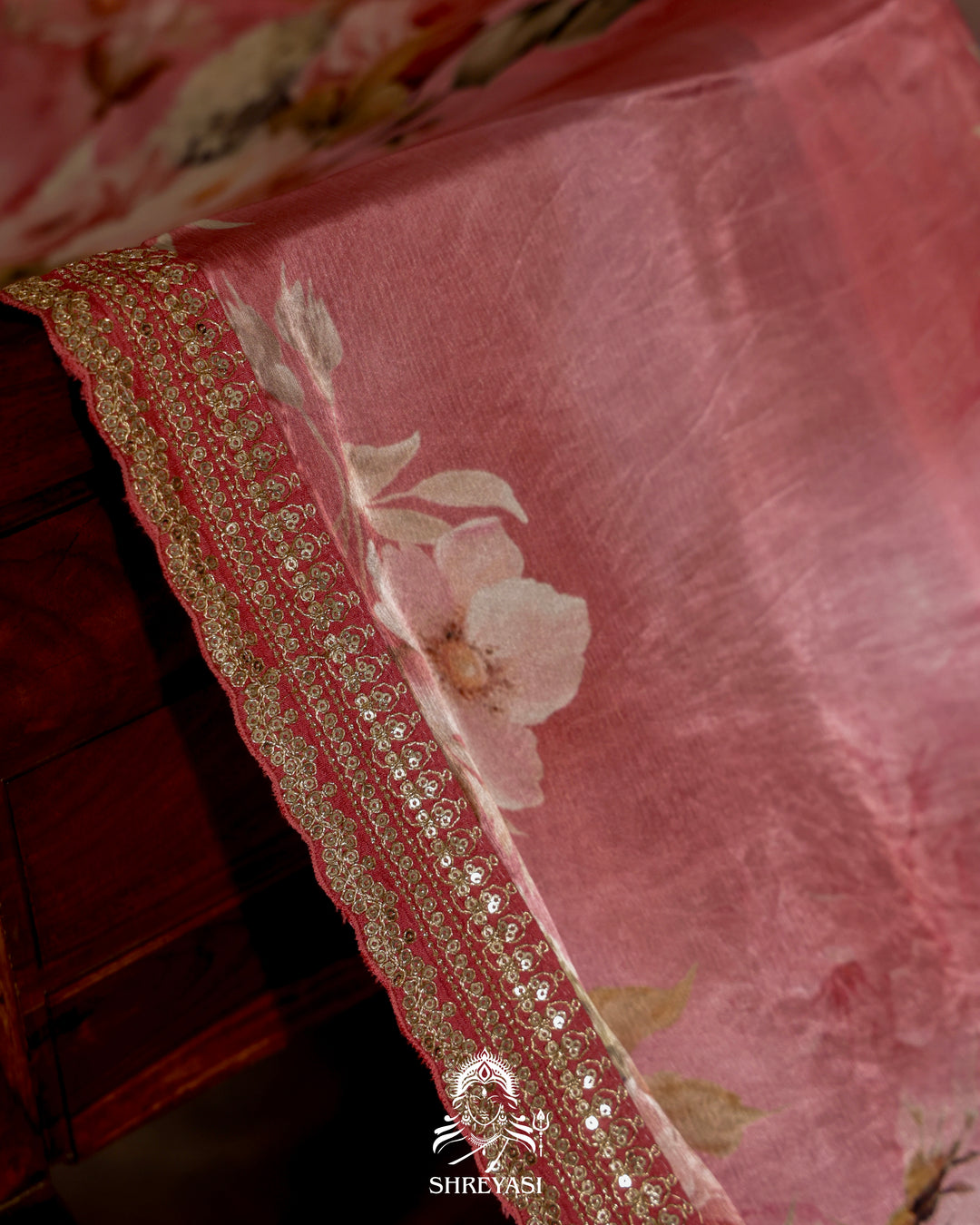 Peach pink Chinon Satin Floral Saree with Embroidered Border