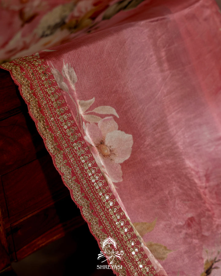 Peach pink Chinon Satin Floral Saree with Embroidered Border