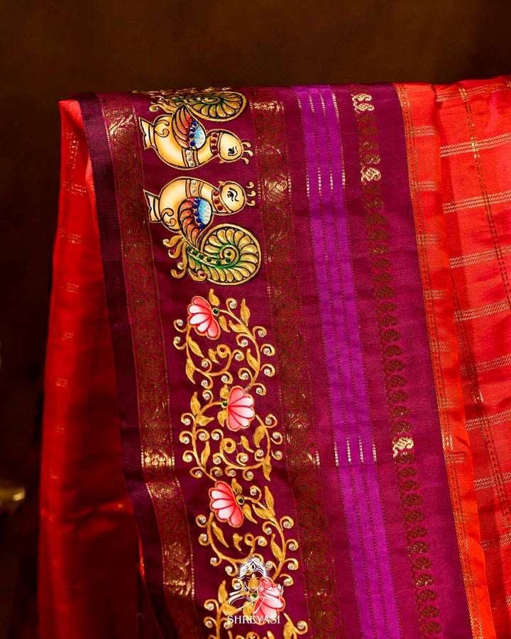 Handloom Pure Kanjivaram Silk Sarees with Real Zari and Hand Painted Tanjore Art