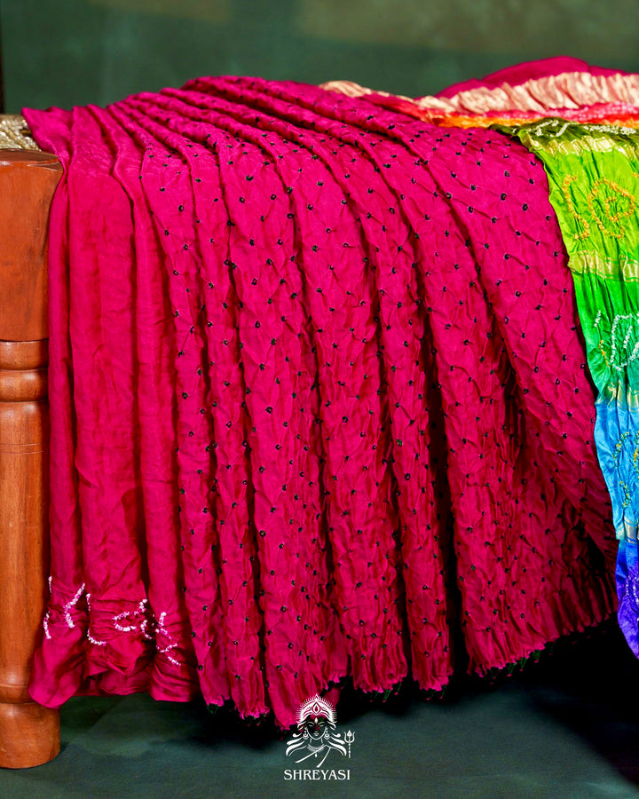 Handloom Pure Bandhani Gaji Silk Saree with Hand-Knotted Bandhej and Multicolored Bandhani Pallu
