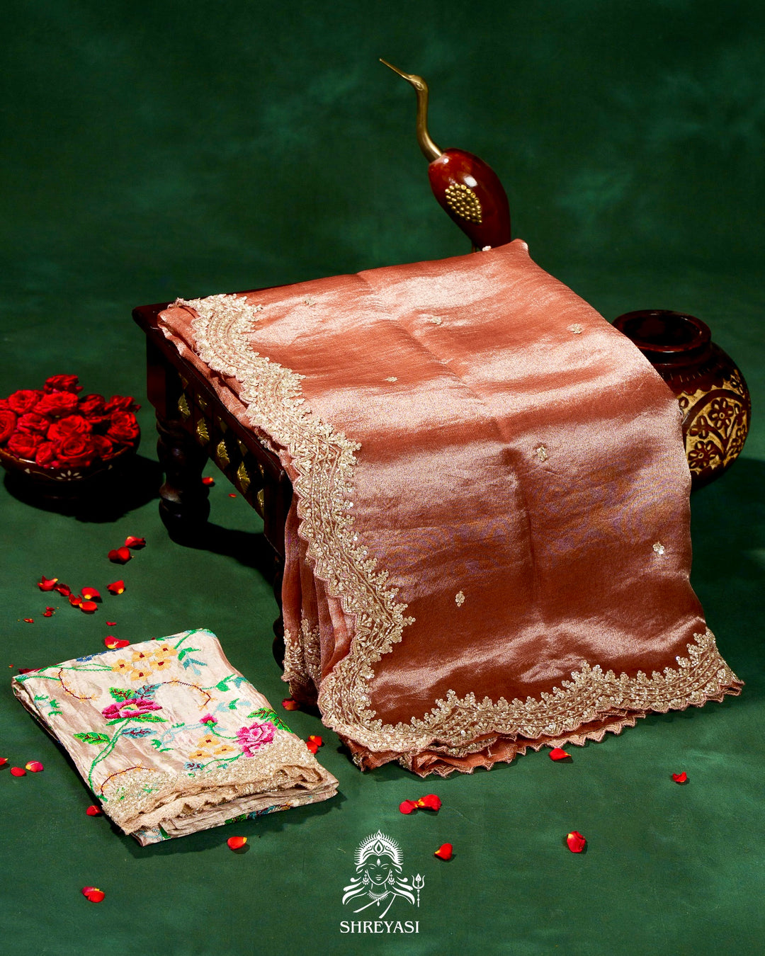 Handloom Pure Banarasi Tissue Silk Saree with Scallop Hand Embroidered Borders and Petit Point Embroidered Blouse