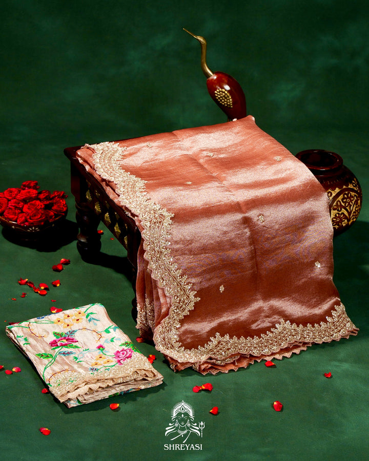 Handloom Pure Banarasi Tissue Silk Saree with Scallop Hand Embroidered Borders and Petit Point Embroidered Blouse