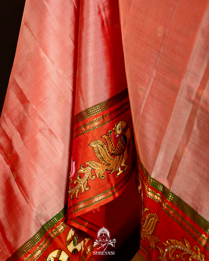 Traditional Tanjore Painting on Handloom Pure Kanjivaram Silk Sarees with Real Zari