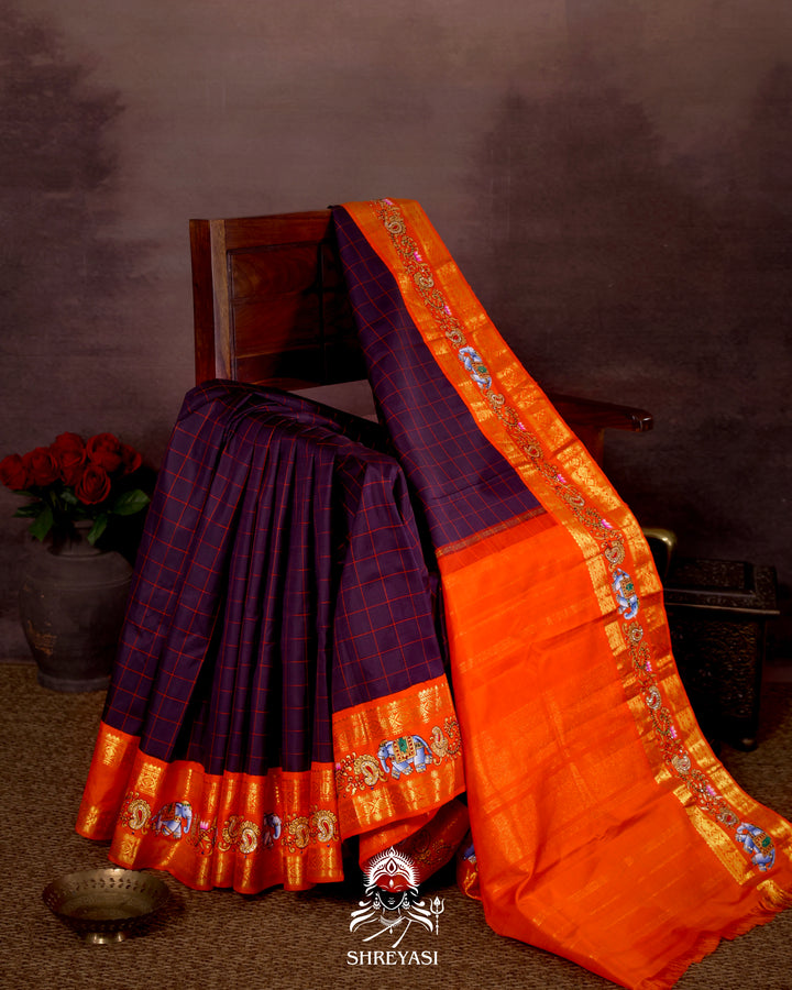 Handloom Pure Kanjivaram Silk Saree in Real Zari with Tanjore Yanai, Manga and Kamalam Artwork