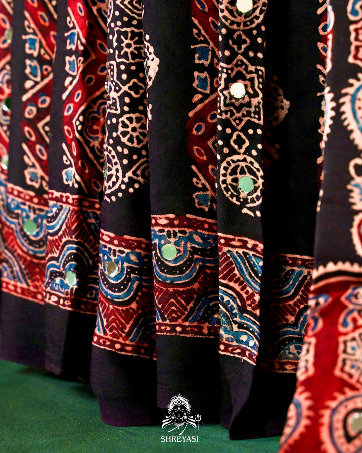 Mirror Work Pure Modal Silk Ajrakh Hand Block Printed Saree | Naturally Dyed Artisan Collection