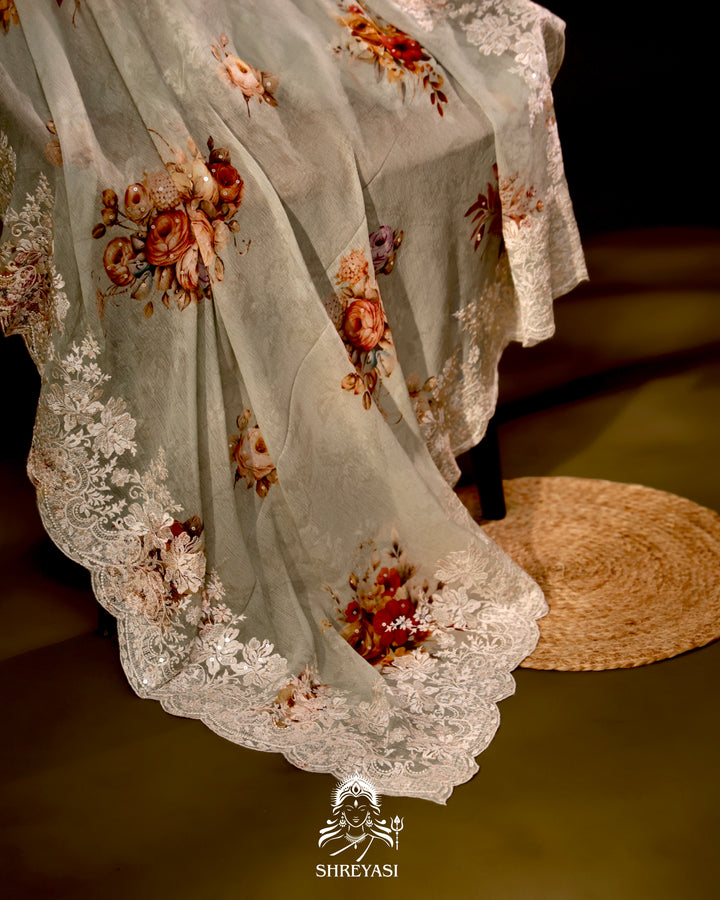 Floral Chiffon Georgette Saree with Scalloped Thread Embroidery