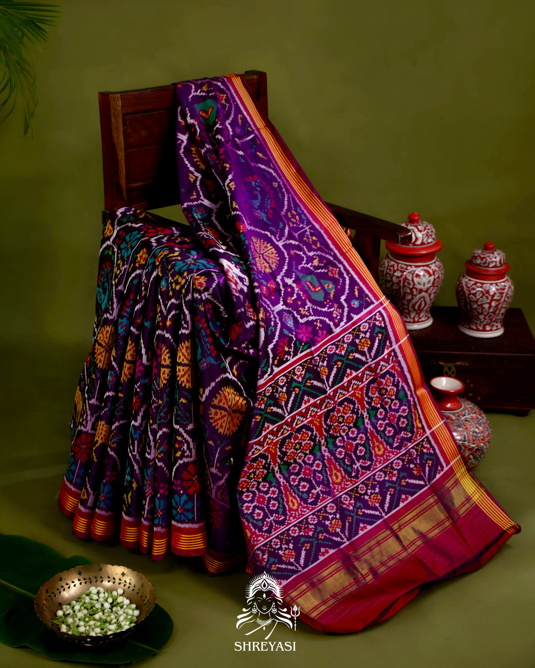 Handloom Rajkot Patola Silk Saree in Deep Violet with Multicolor Ikat