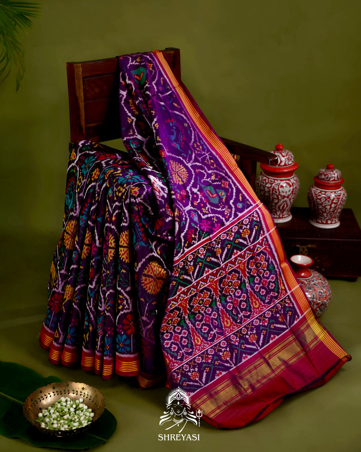 Handloom Rajkot Patola Silk Saree in Deep Violet with Multicolor Ikat