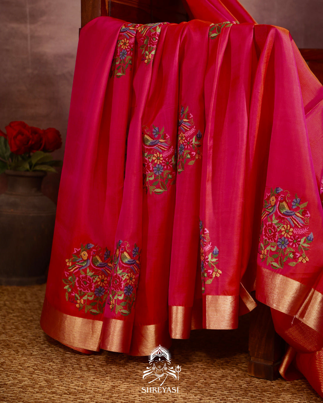 Handloom Pure Kanjivaram Soft Silk Saree with Petit Point Embroidered Floral Bird Clusters