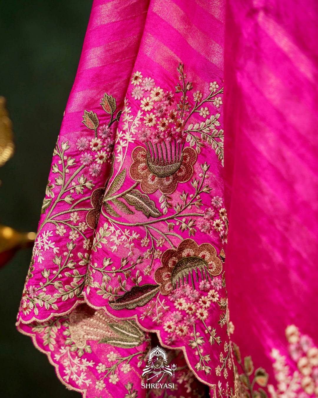 Handloom Pure Banarasi Silk Saree with Zari Stripes and Fine Resham Thread Embroidery