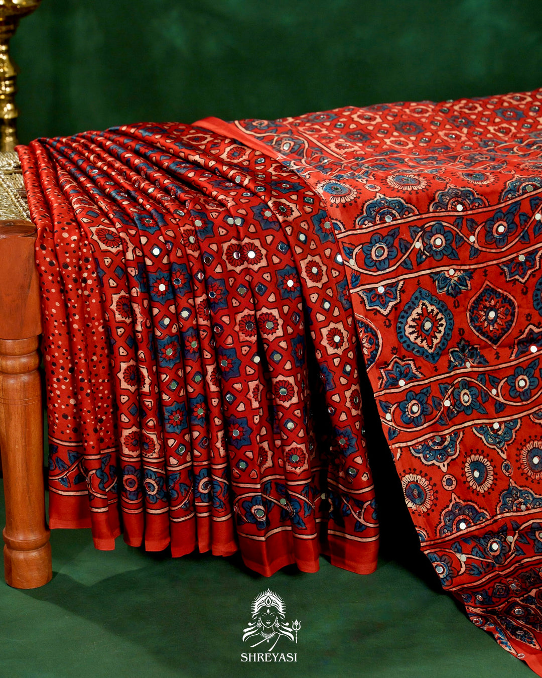 Mirror Work Pure Modal Silk Ajrakh Hand Block Printed Saree | Naturally Dyed Artisan Collection