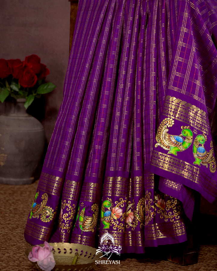 Handloom Pure Kanjivaram Silk Saree in Real Zari with Tanjore Mayil and Kamalam Artwork