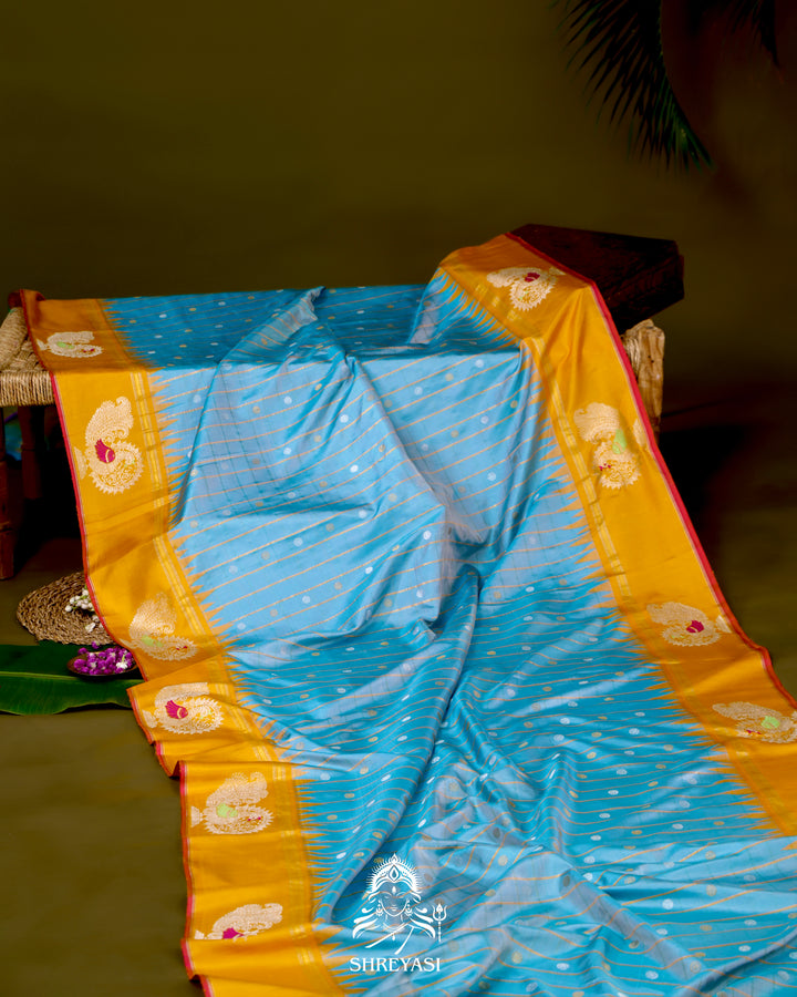 Handloom Pure Gadwal Silk Saree with Kuttu Korvai Border and Zari Peacock Motifs