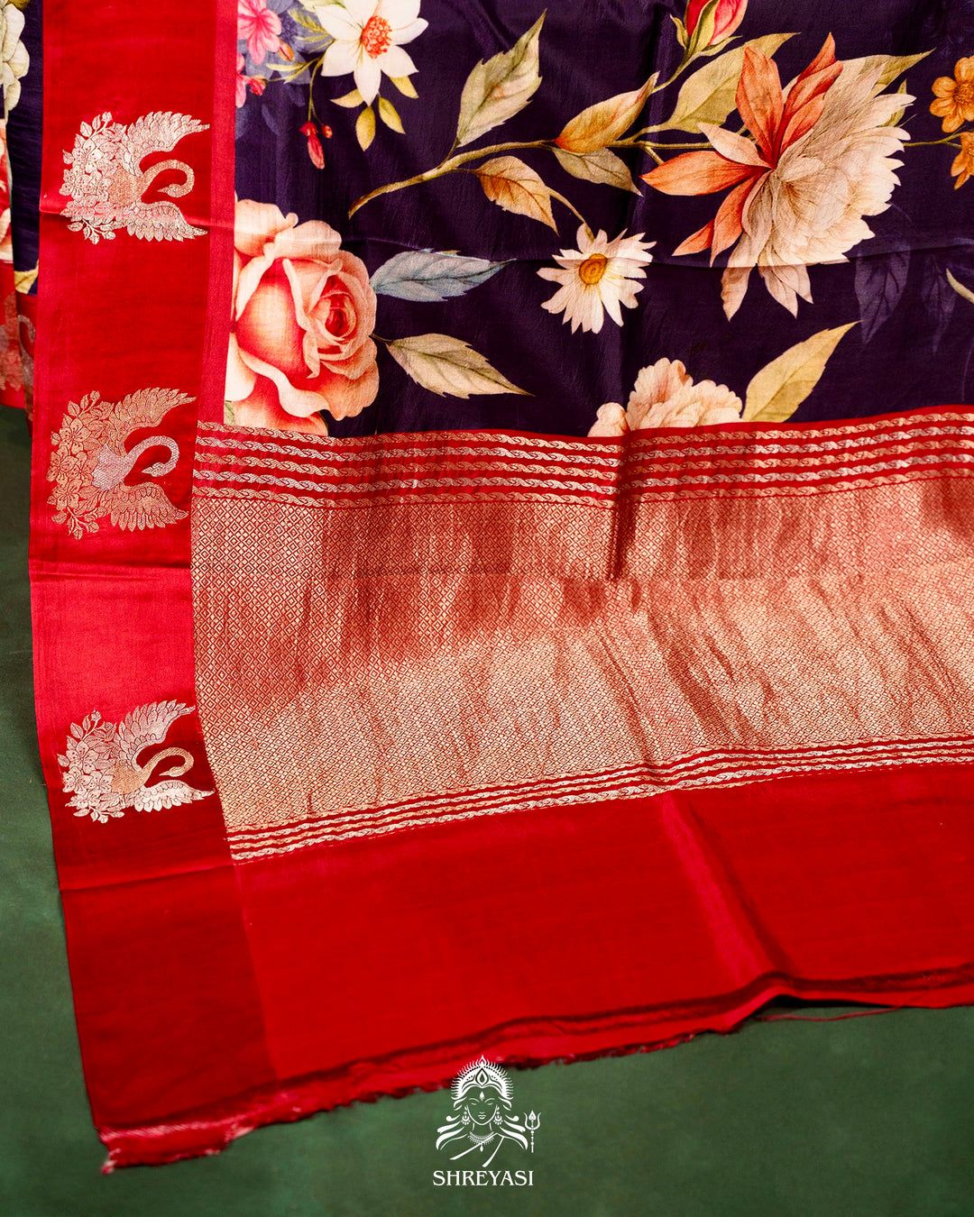 Handloom Pure Banarasi Silk Saree with Floral Print and Mashru Border