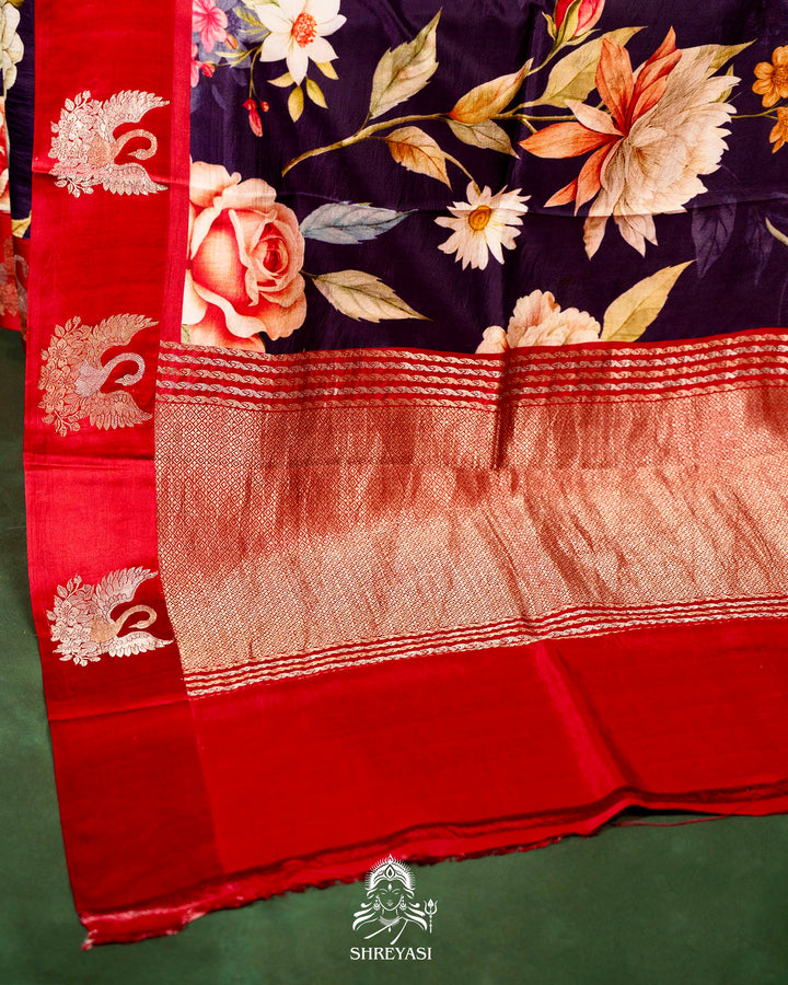 Handloom Pure Banarasi Silk Saree with Floral Print and Mashru Border
