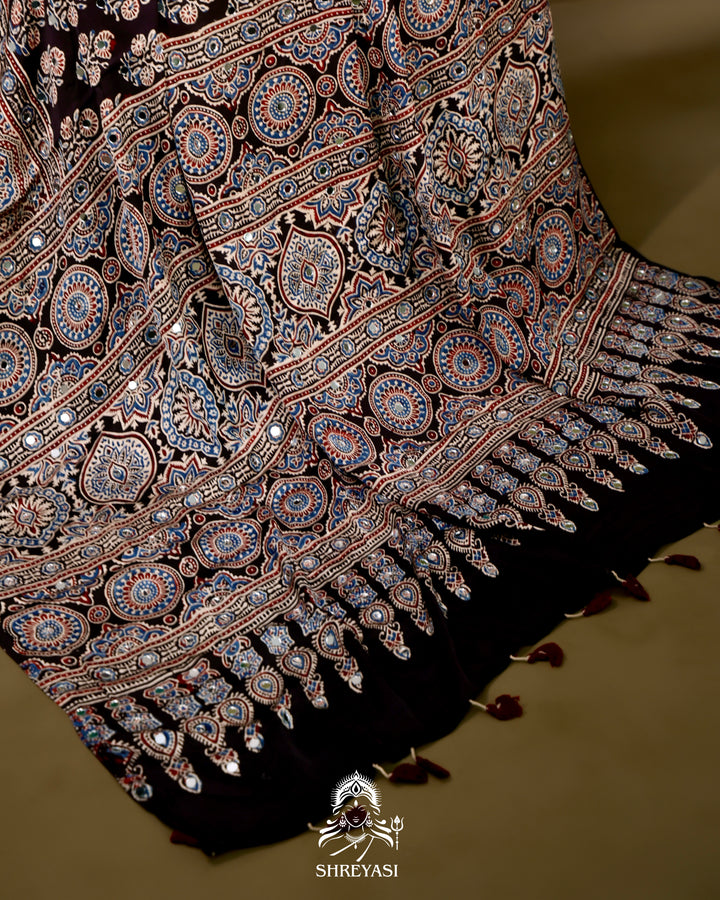 Ajrakh Hand Block Printed Pure Modal Silk Saree With Mirror Work