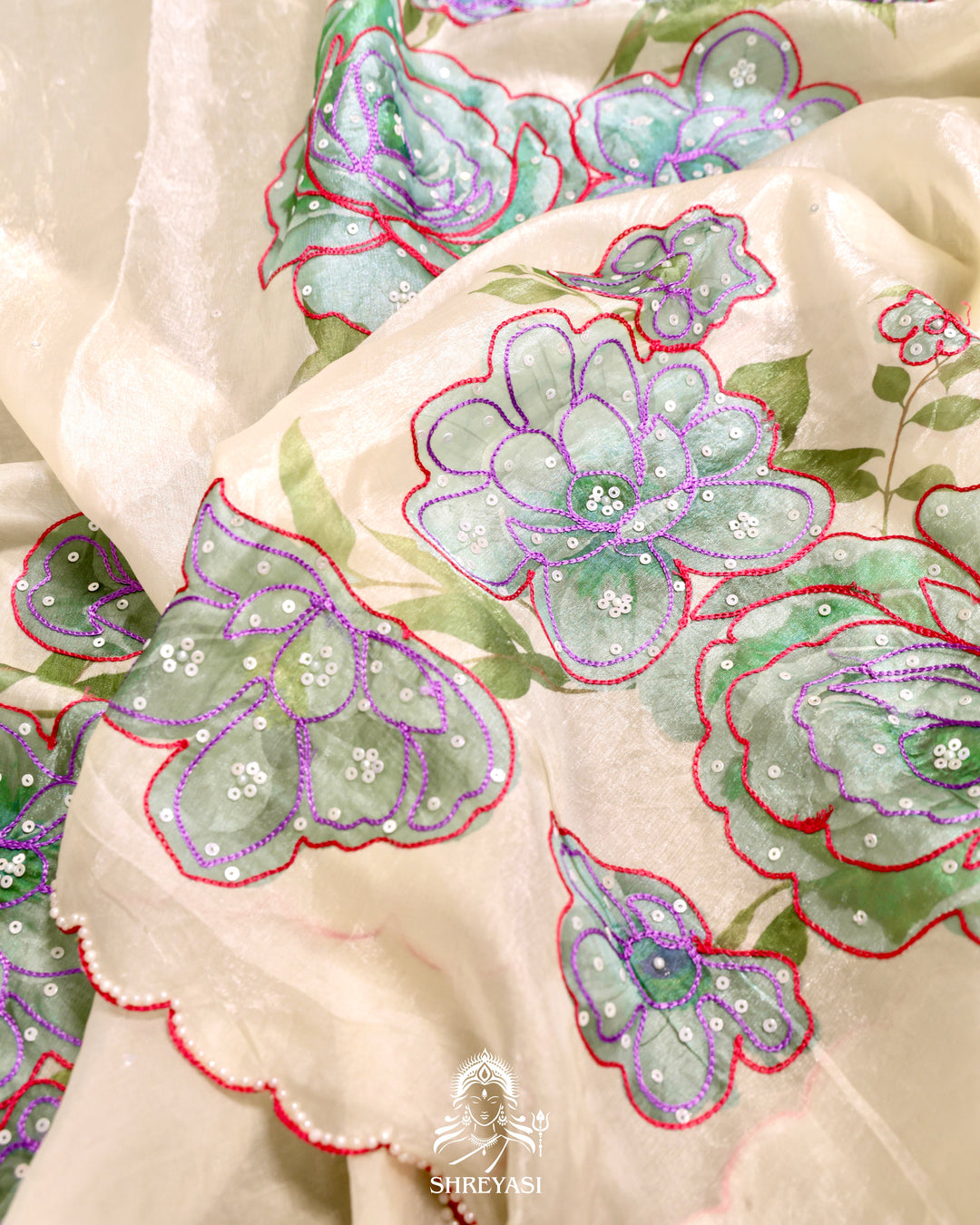 Glass Tissue Saree with Floral Print and  Embroidery