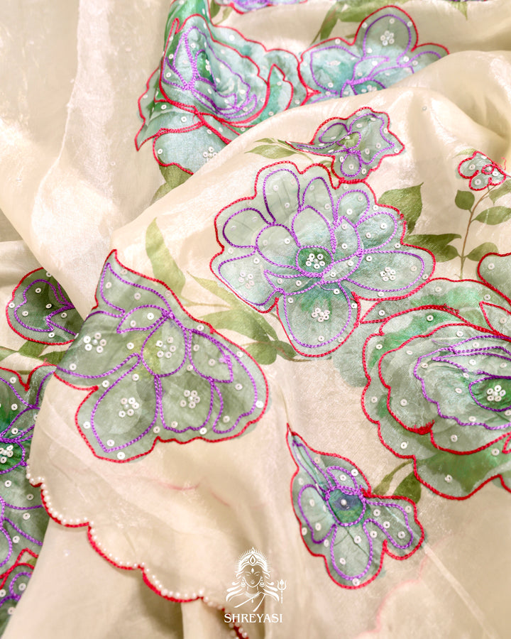 Glass Tissue Saree with Floral Print and  Embroidery