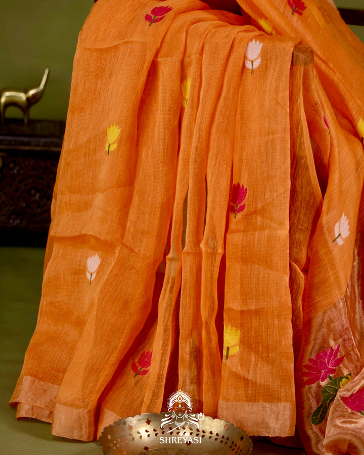 Handloom Silk Linen Jamdani Saree with Tissue Paithani Pallu