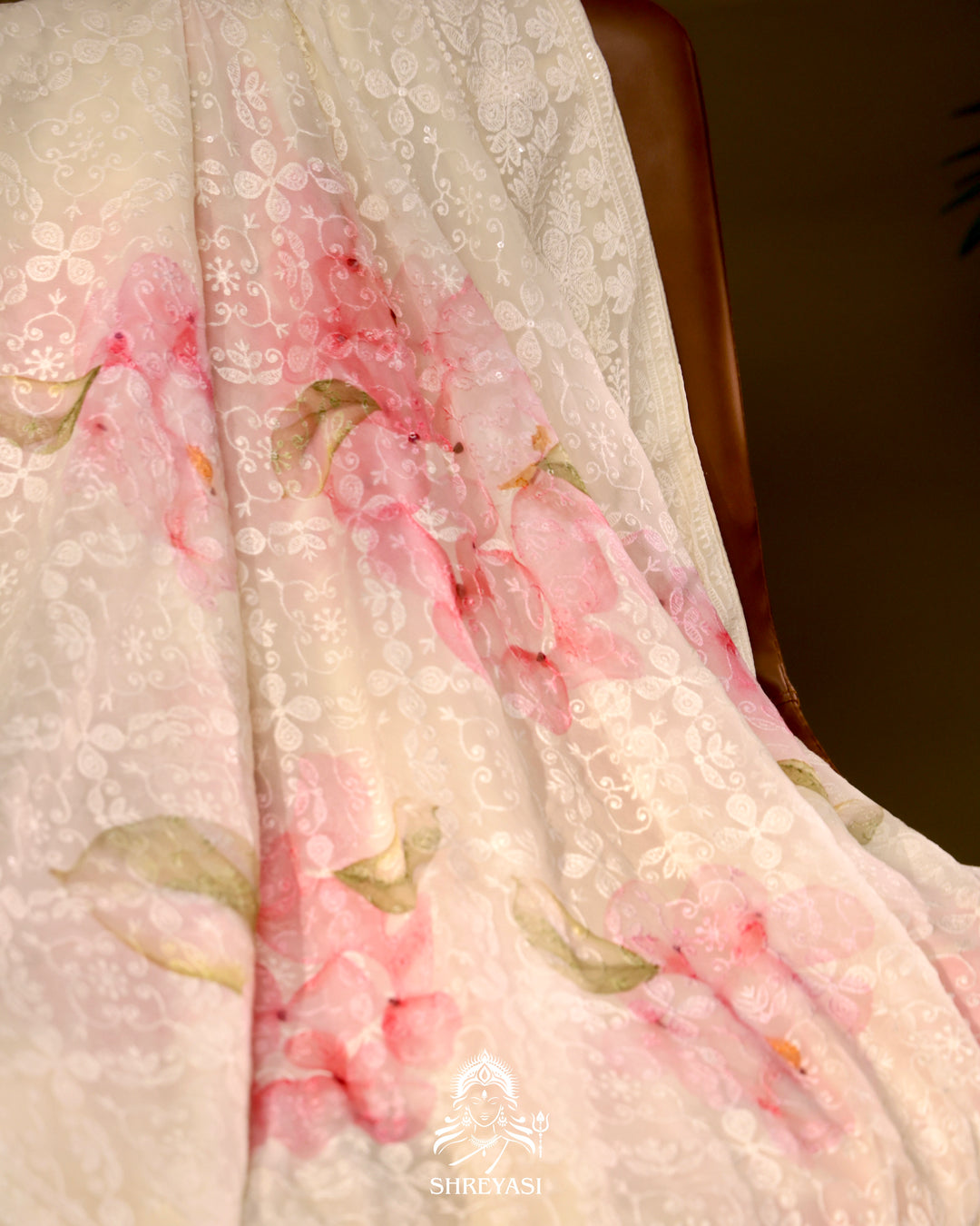 Georgette floral saree with chikankari embroidery