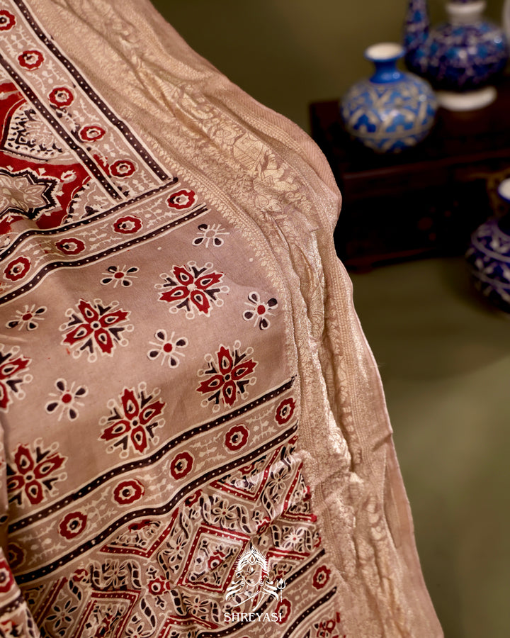 Hand Block Printed Ajrakh Dola Silk Saree with Zari Brocade Blouse