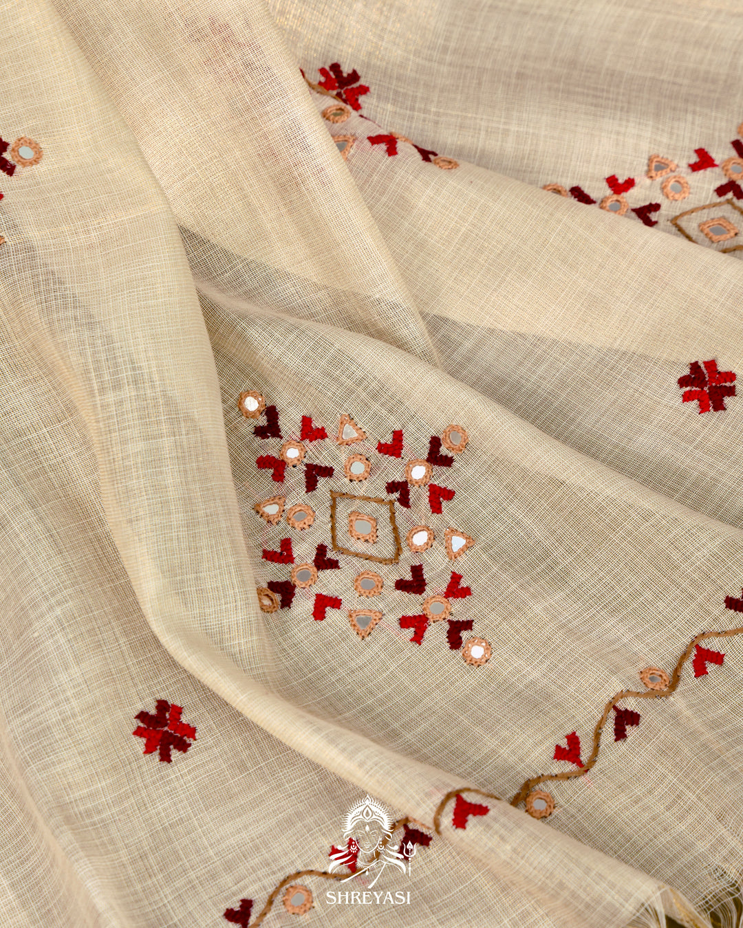 Bengal Linen Tissue Saree with Kathiyawadi Mirror Embroidery