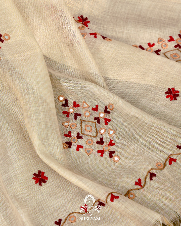 Bengal Linen Tissue Saree with Kathiyawadi Mirror Embroidery