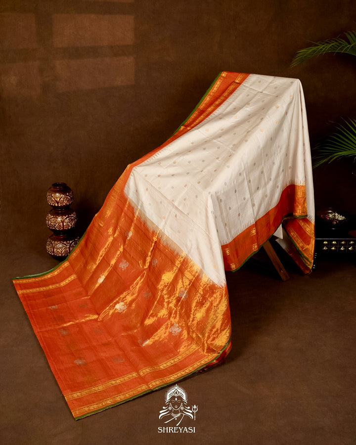 Handloom Pure Gadwal Silk Saree with Tissue Kuttu Border and full Bhuti Silk Blouse