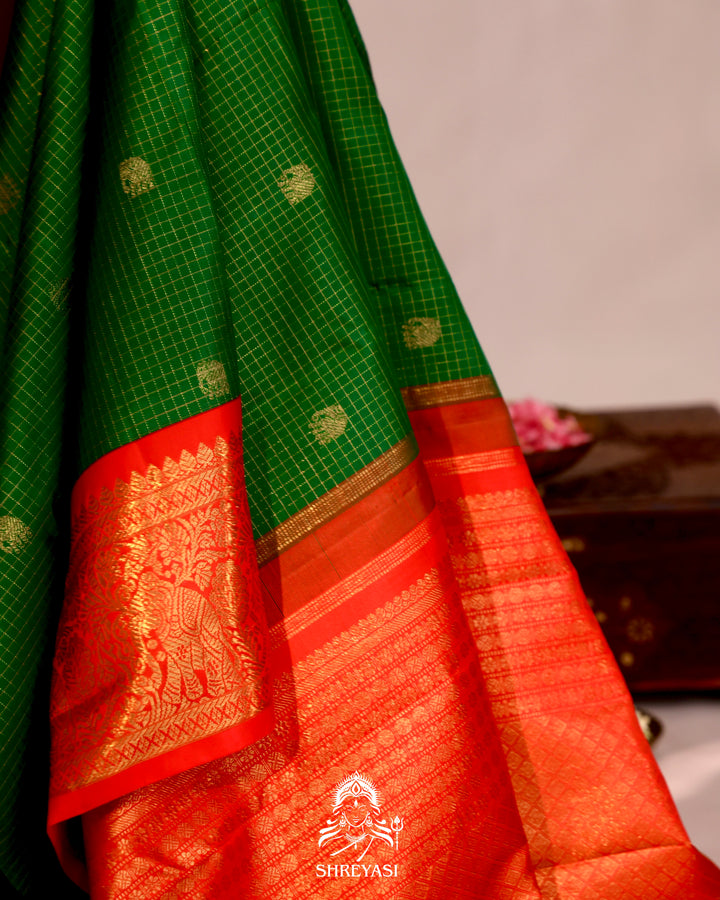 Handloom pure Kanjivaram silk saree with real zari, kattam checks, and traditional motifs