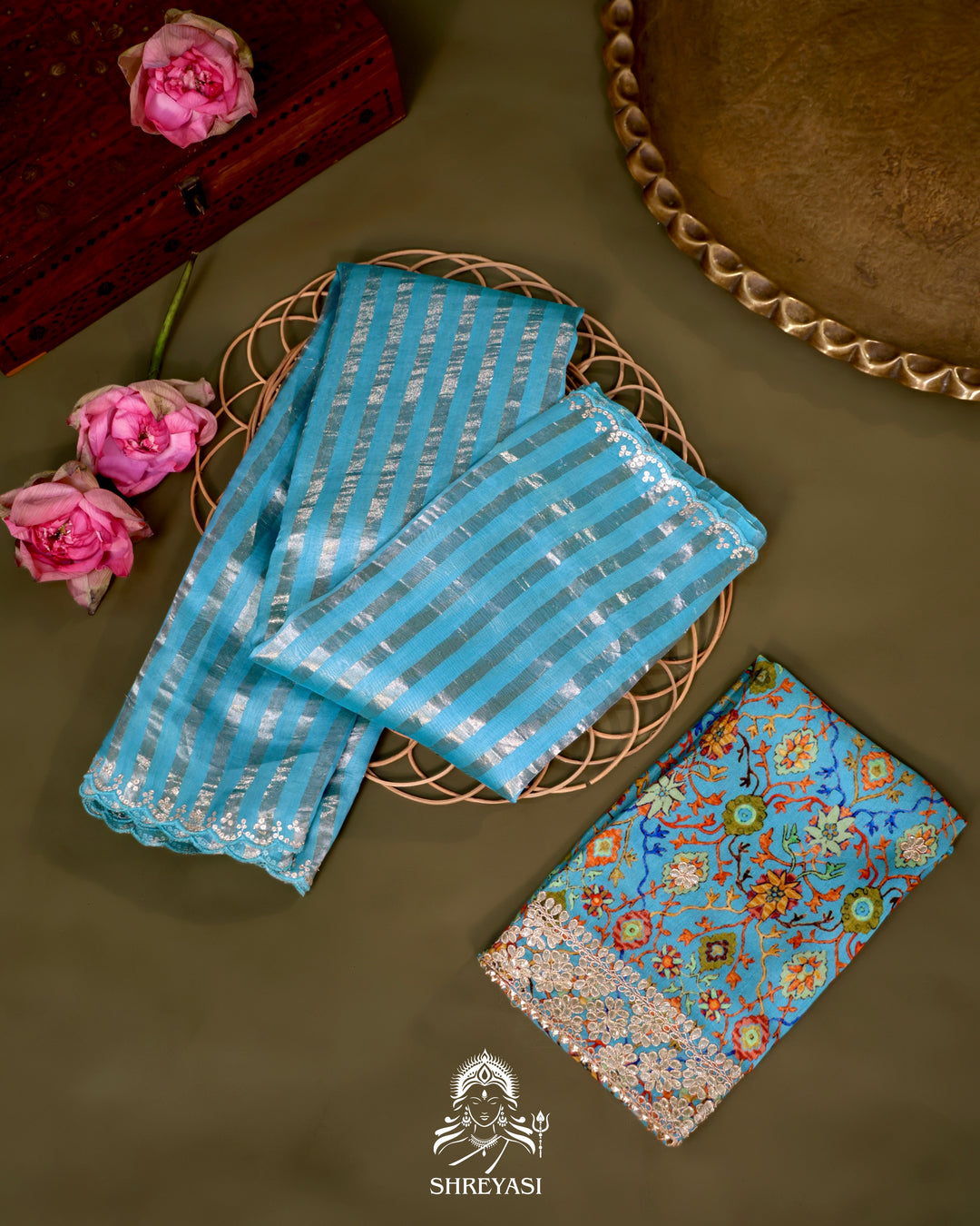 Chanderi Tissue Silk Saree with Pita Embroidered Borders and Gota Patti Embroidered Floral Blouse
