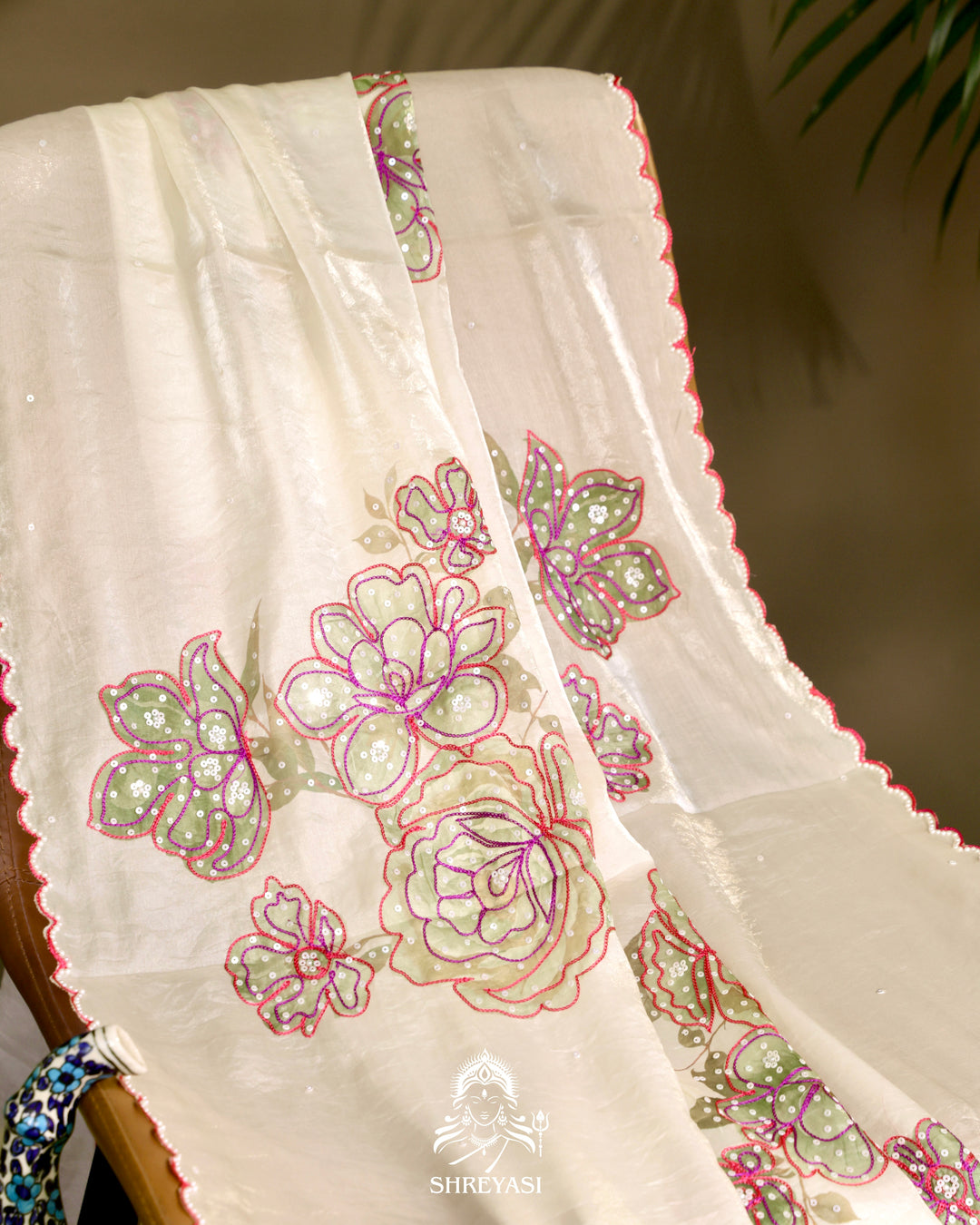 Glass Tissue Saree with Floral Print and  Embroidery