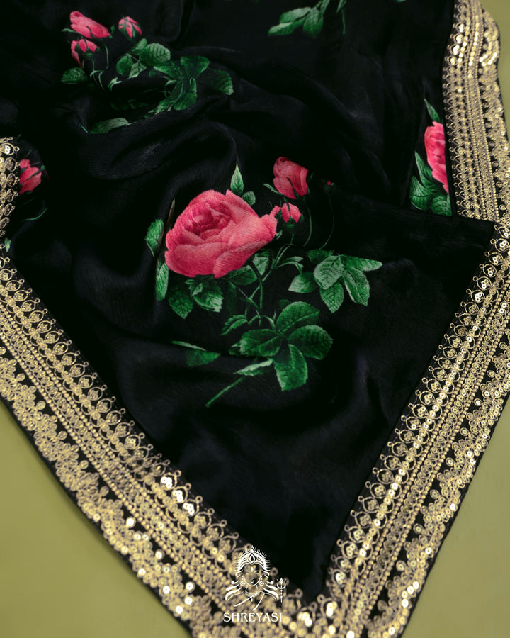 Black Chinon Satin Floral Saree with Embroidered Border