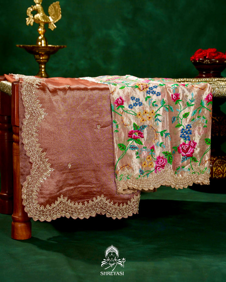 Handloom Pure Banarasi Tissue Silk Saree with Scallop Hand Embroidered Borders and Petit Point Embroidered Blouse