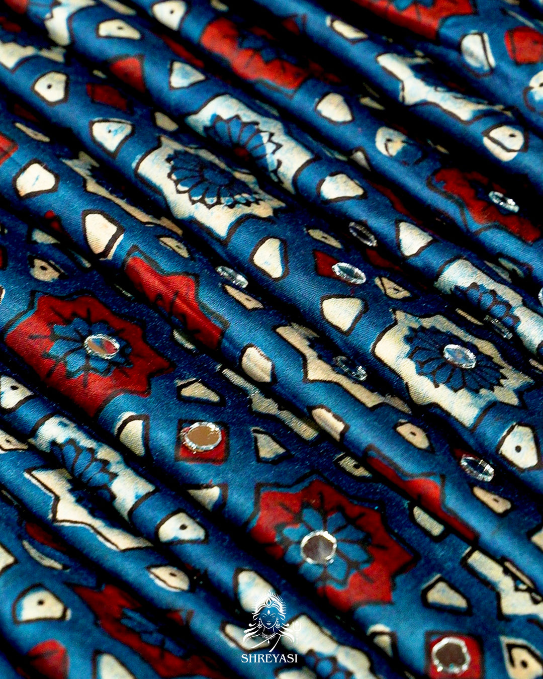 Mirror Work Pure Modal Silk Ajrakh Hand Block Printed Saree | Naturally Dyed Artisan Collection