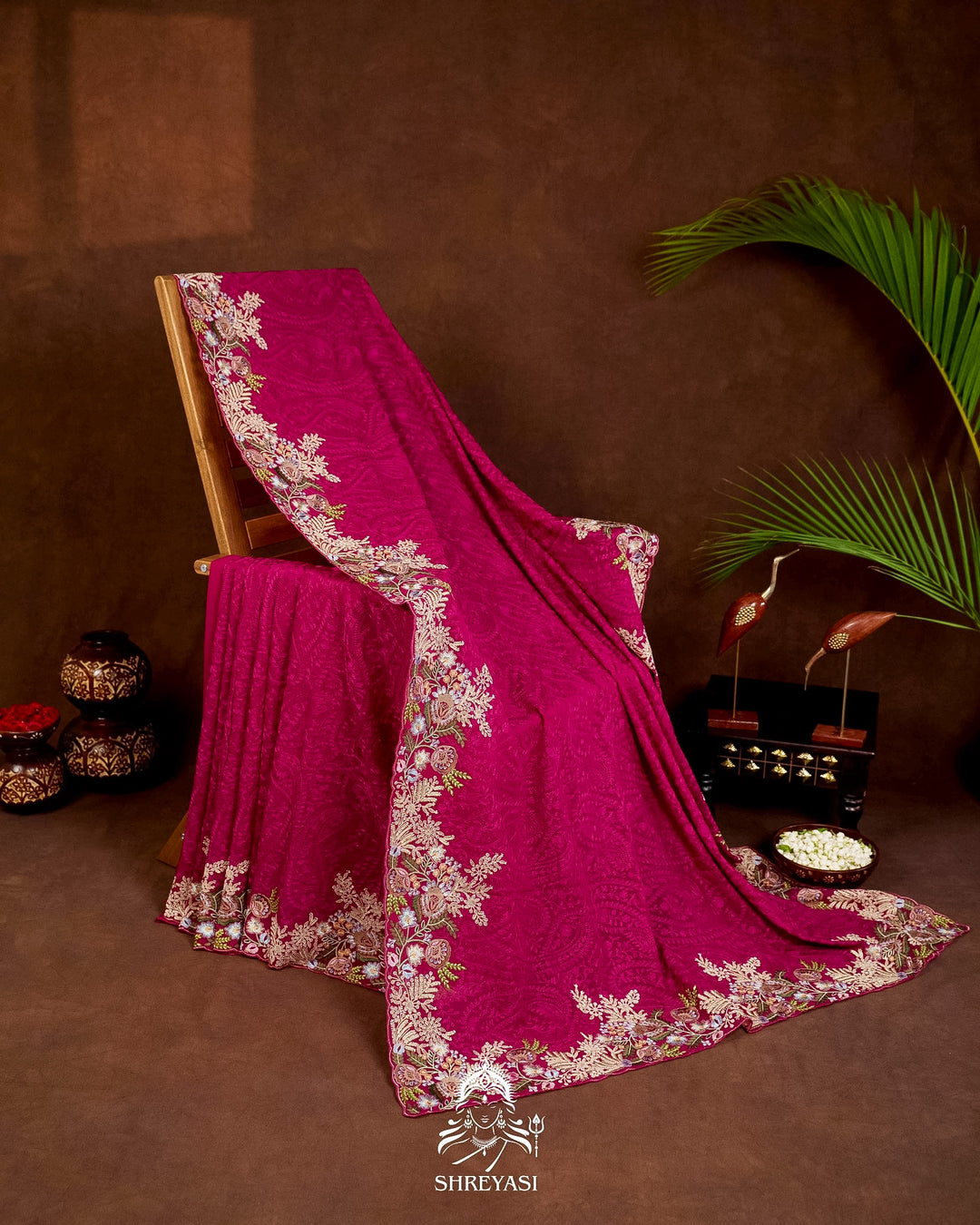 Premium Pure Georgette Chikankari Saree in Jewel Magenta with Embroidered Floral Borders