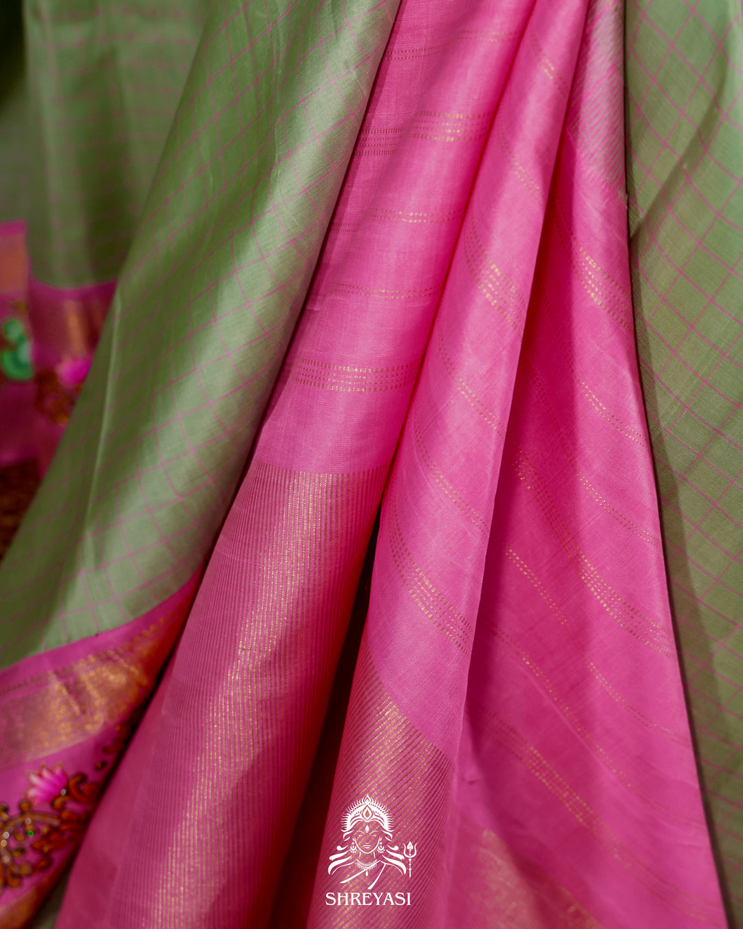 Handloom Pure Kanjivaram Silk Saree in Real Zari with Tanjore Annapakshi and Kamalam Artwork