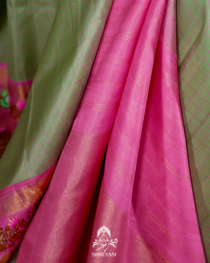 Handloom Pure Kanjivaram Silk Saree in Real Zari with Tanjore Annapakshi and Kamalam Artwork