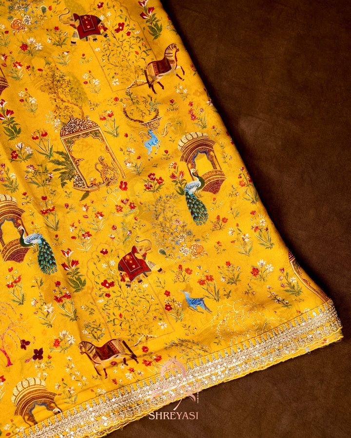 Mughal Garden Print Crepe Chinon Saree with Embroidered Border