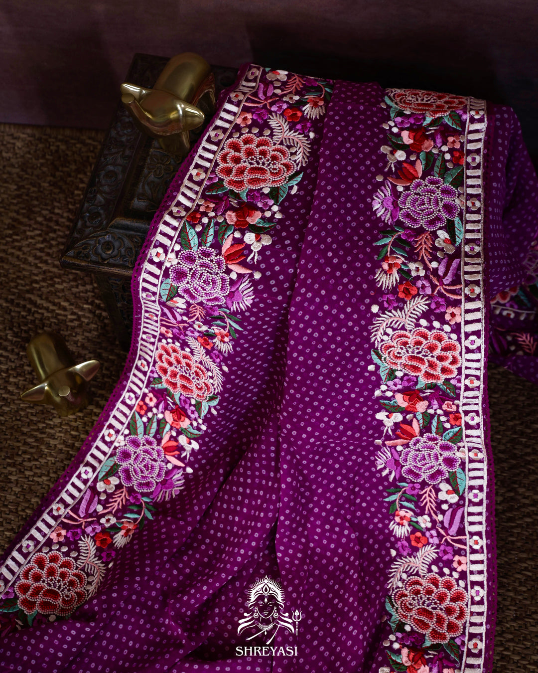 Pure Georgette Saree with Parsi Gara Style Embroidered Borders and Bandhej Body