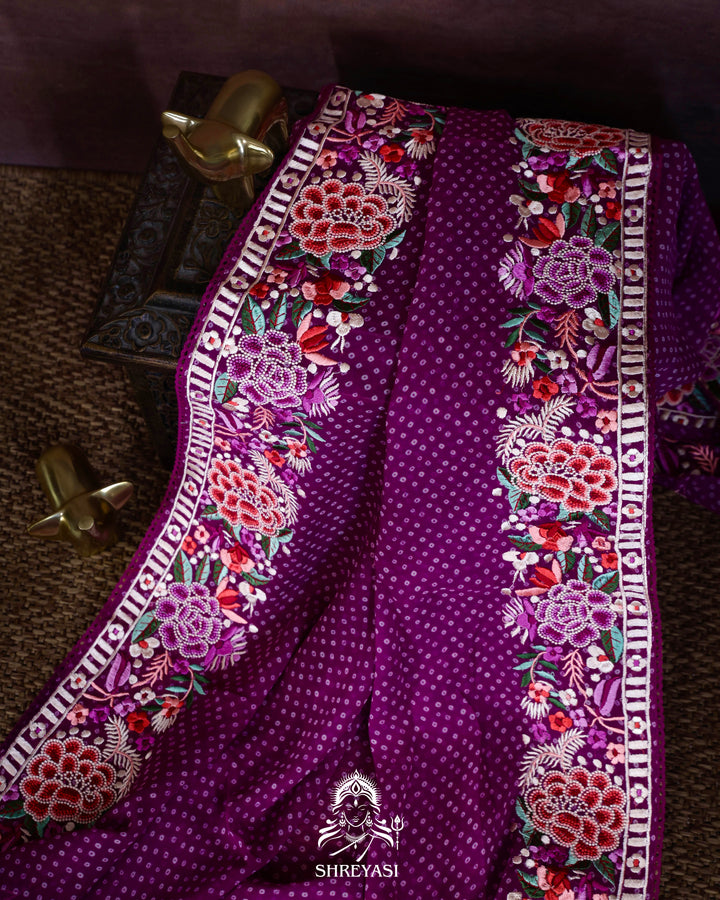 Pure Georgette Saree with Parsi Gara Style Embroidered Borders and Bandhej Body