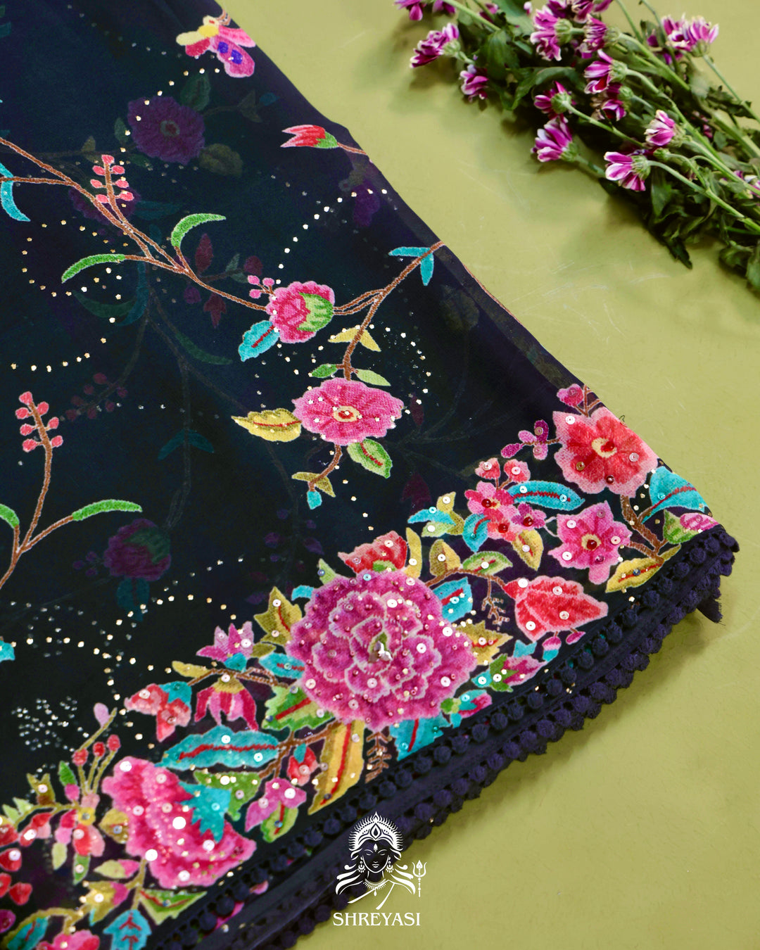 Midnight Floral Pure Georgette Saree with Mukaish, Bead & Sequin Work