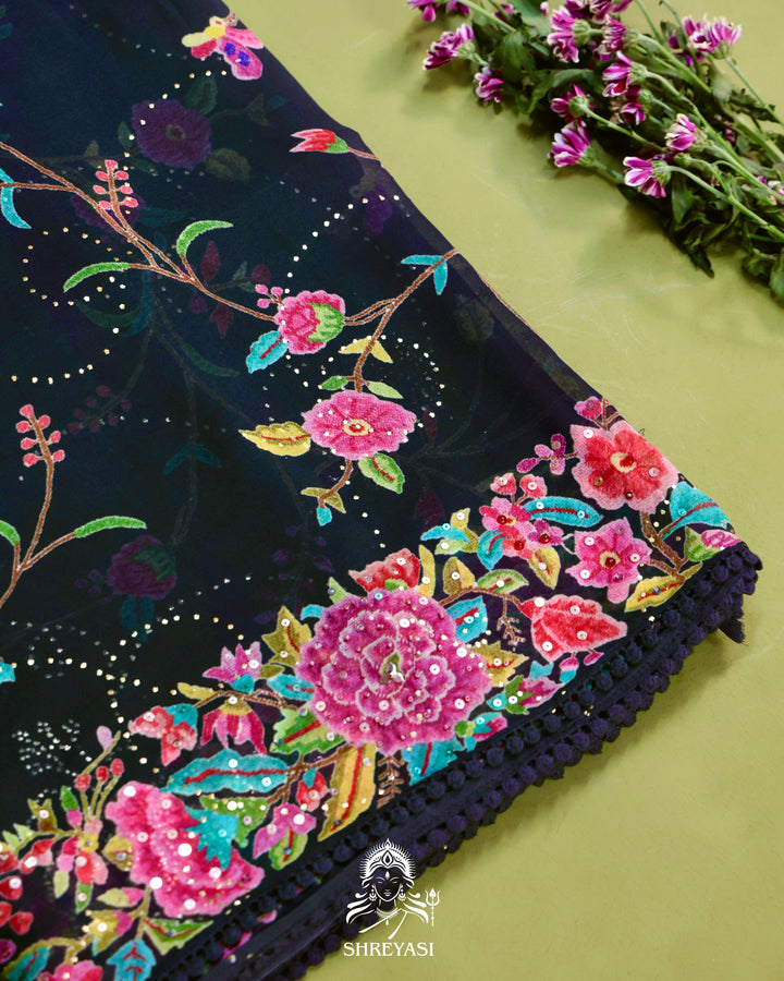 Midnight Floral Pure Georgette Saree with Mukaish, Bead & Sequin Work