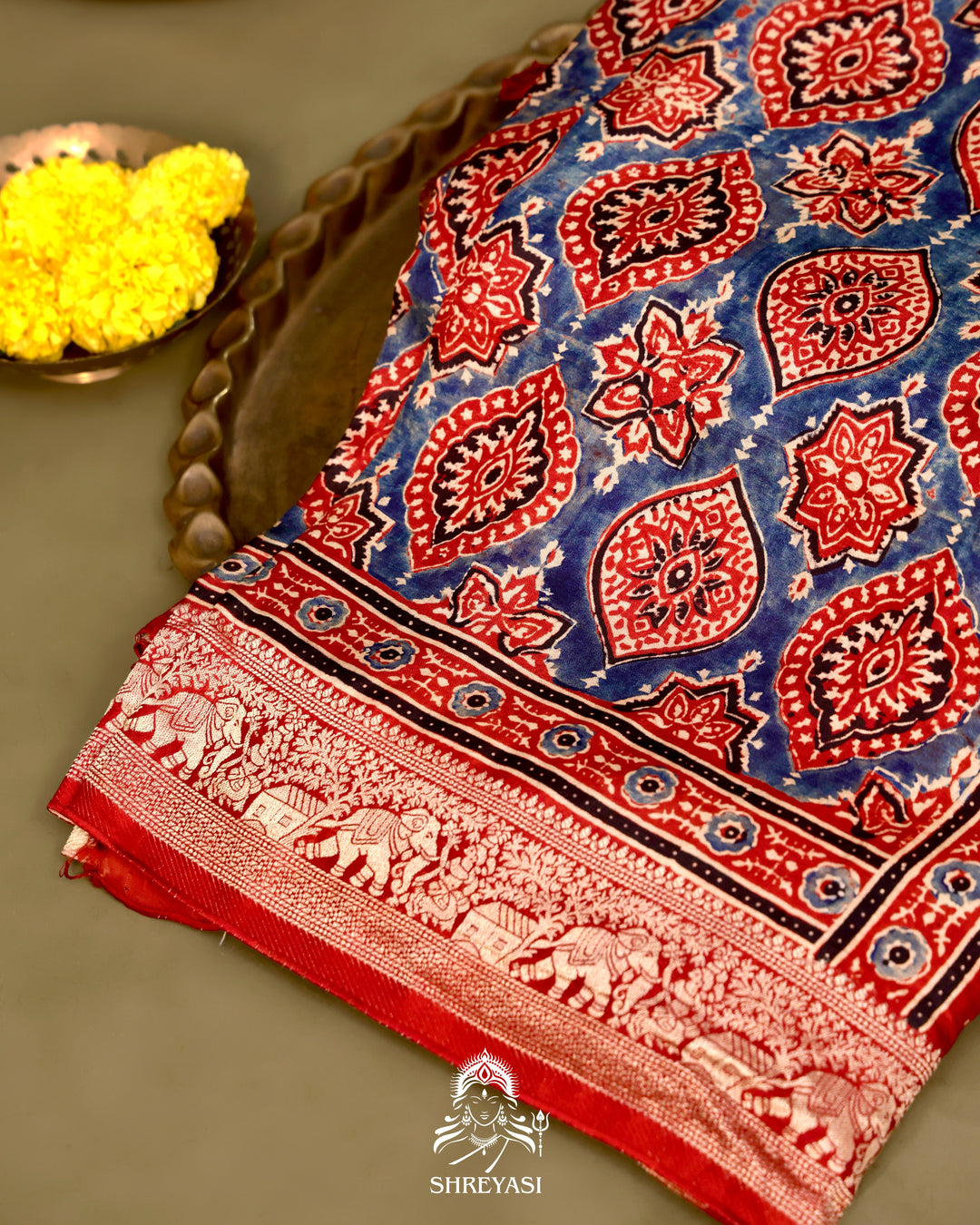 Hand Block Printed Ajrakh Dola Silk Saree with Zari Brocade Blouse