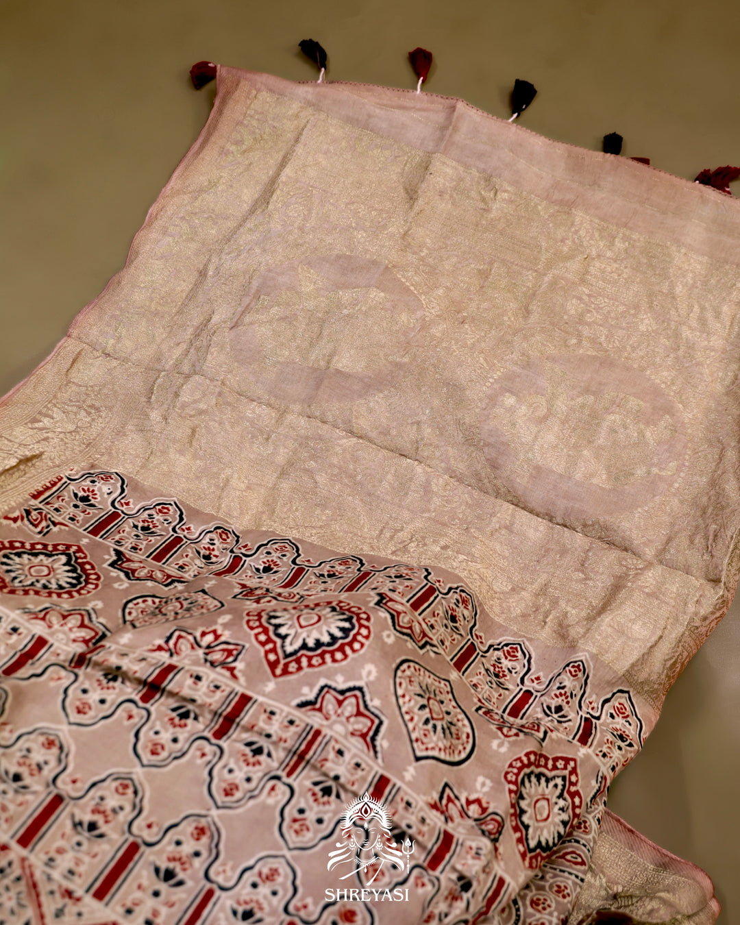 Hand Block Printed Ajrakh Dola Silk Saree with Zari Brocade Blouse