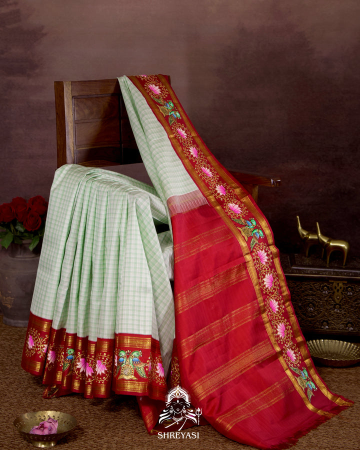 Handloom Pure Kanjivaram Silk Saree in Real Zari with Tanjore Kili and Kamalam Artwork