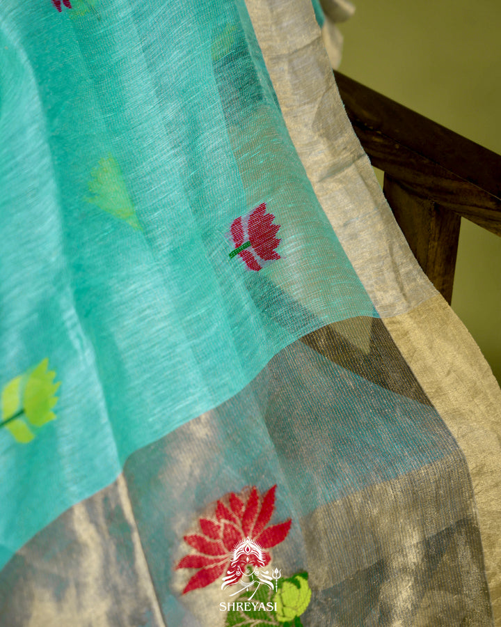 Handloom Silk Linen Jamdani Saree with Tissue Paithani Pallu